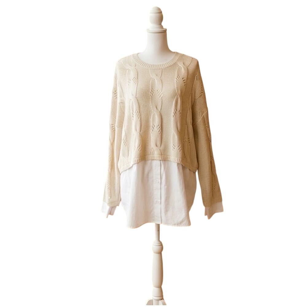 Pilcro by Anthropologie Cable Twofer Sweater Cream White Large Effortless Chic